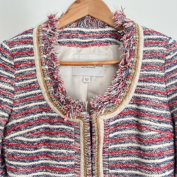 ANTHROPOLOGIE x Boston Proper Multicolor Tweed Striped Fringe Chain Jacket Sz 2 - Picture 2 of 16